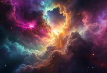 A vibrant display of cosmic clouds, swirling in a kaleidoscope of hues against a starry backdrop.