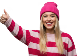 Woman smiles with thumbs up gesture shown on transparent background