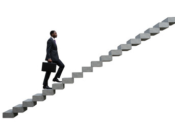 Man climbing upward on concrete steps on transparent background