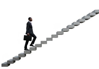 Man climbing upward on concrete steps on transparent background