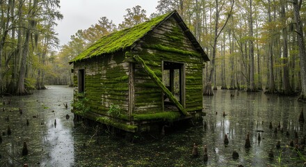 Obraz premium Abandoned cabin in swampy woods