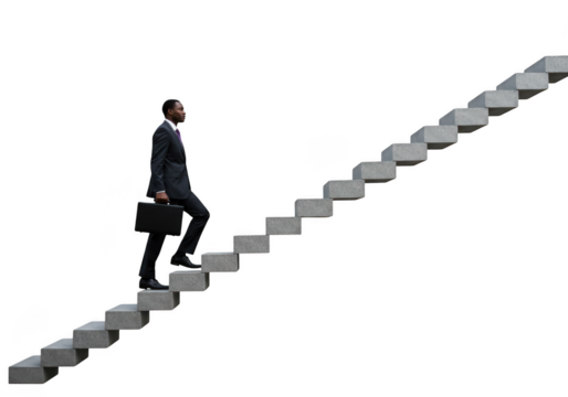 Man climbing upward on concrete steps on transparent background