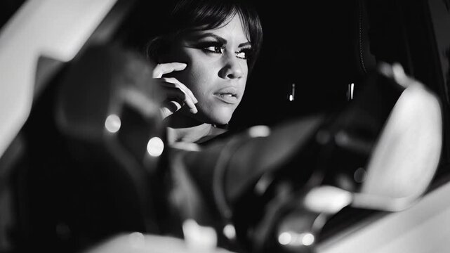Fashionable woman sitting in a car, looking thoughtfully to the right with minimal motion. Artistic black and white shot highlighting her confident expression and elegant shoes in a glamorous style.