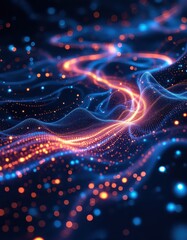 A dynamic display of glowing particles in vibrant blue and orange hues, flowing in a mesmerizing, wave-like pattern against a dark background.