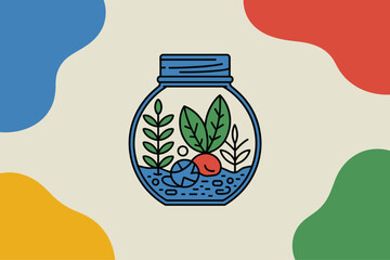 Miniature Garden Bench Inside Mason Jar with Flowers and Stone Path Illustration