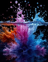 Vibrant hues of color explode in a dynamic display of liquid movement, showcasing intricate patterns and reflections on a dark surface.