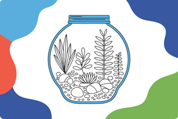 Miniature Garden Bench Inside Mason Jar with Flowers and Stone Path Illustration