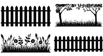Black and white silhouettes of fences trees and wildflowers in a garden