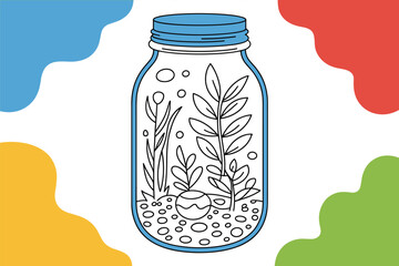 Miniature Garden Bench Inside Mason Jar with Flowers and Stone Path Illustration