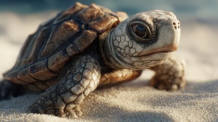 Obraz premium A cute baby turtle crawls on the bright, sunny sand, showing skin detail. Use it for conservation, reptile themes, or adorable animal illustrations.