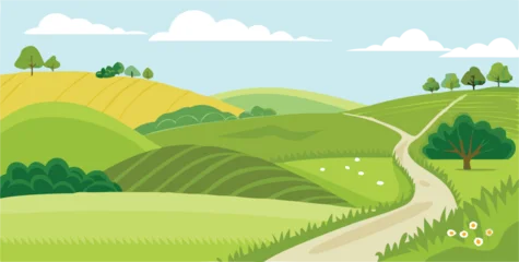 Fotobehang Pistache A vector image depicting a tranquil country scene with a road meandering through a grove of trees.  © Rizky