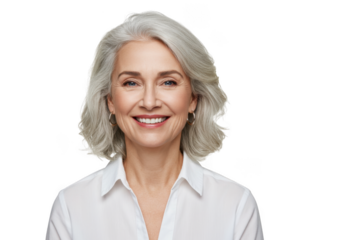 Smiling woman with gray hair portrait view on transparent background