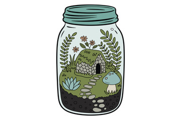Miniature Garden Bench Inside Mason Jar with Flowers and Stone Path Illustration