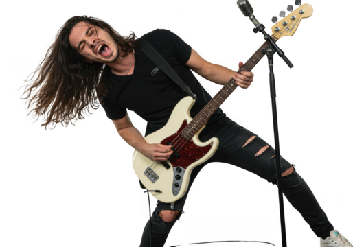 Energetic young musician plays white electric bass guitar with passion and excitement transparent background