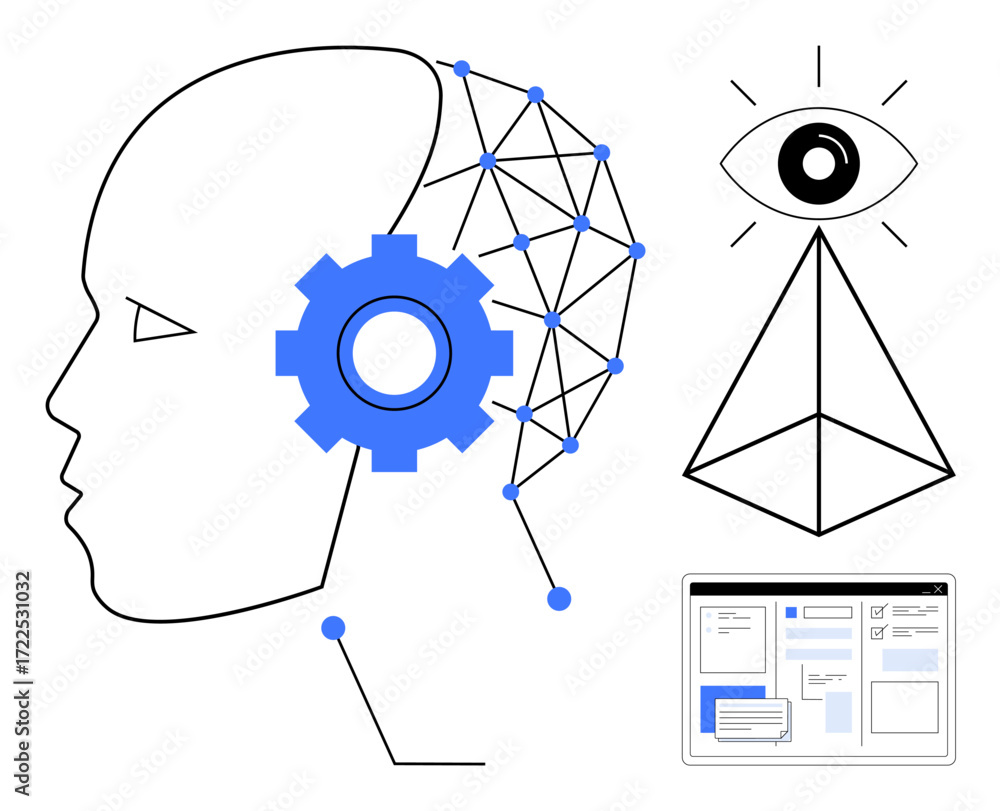 Poster profile of a human head with connected nodes and gear, eye over triangle, and interface layout. idea