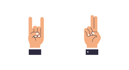 Two hands displaying rock on and number two gestures isolated
