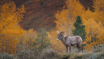 Obraz premium A majestic bighorn sheep standing amidst vibrant autumn foliage with warm orange and green hues