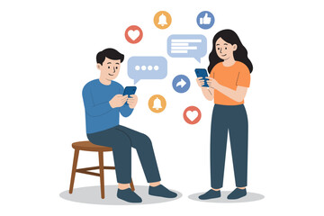 Fototapeta premium Vector illustration of a young man and woman using smartphones, connected by chat bubbles and surrounded by social media icons. Perfect for online communication, messaging, and digital networking them