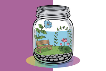 Miniature Garden Bench Inside Mason Jar with Flowers and Stone Path Illustration
