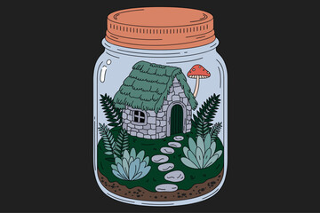 Tiny Forest Cottage Inside Glass Jar Illustration with Stone Path and Succulents
