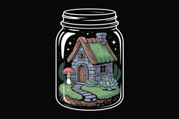 Tiny Forest Cottage Inside Glass Jar Illustration with Stone Path and Succulents
