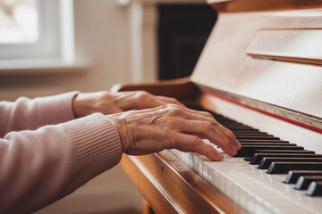 Elderly hands playing piano keys, capturing the beauty of music and age. Ideal for themes of hobbies, aging, creativity, and classic instruments.