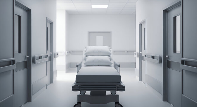 Modern hospital corridor with empty gurney awaiting patient care