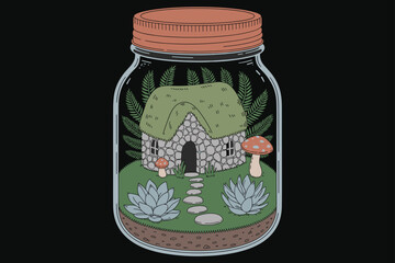 Tiny Forest Cottage Inside Glass Jar Illustration with Stone Path and Succulents