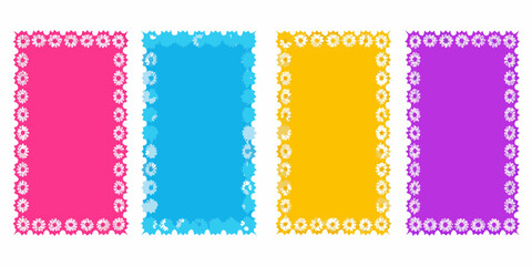 Four colorful rectangular frames with white floral borders on a white background