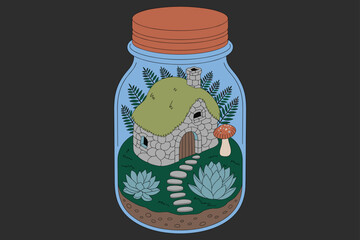 Tiny Forest Cottage Inside Glass Jar Illustration with Stone Path and Succulents