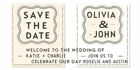 Save the date and wedding invitation design with couple names and celebration message