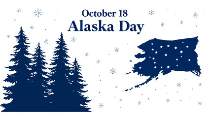 Minimal flat vector design for Alaska Day on October 18, featuring Alaska state flag, pine trees silhouette, and snowflakes on a white background