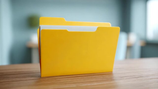 Open File Folder on Desk: A vibrant yellow file folder rests on a polished wooden desk, the soft focus background adding depth to this study of organization and documentation.