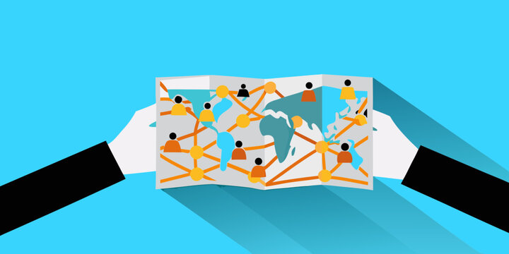 Hands holding a world map with a network of people connected across continents