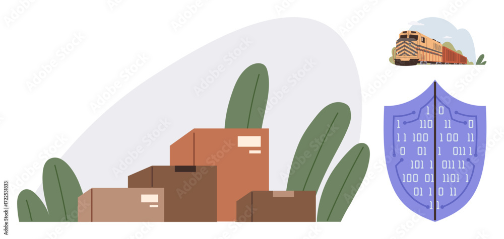 Poster shipping boxes with a train in transit and a shield with binary codes. ideal for logistics, supply c
