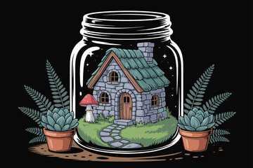 Tiny Forest Cottage Inside Glass Jar Illustration with Stone Path and Succulents