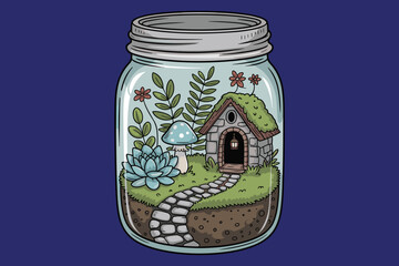 Tiny Forest Cottage Inside Glass Jar Illustration with Stone Path and Succulents
