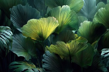 Lush, green tropical leaves create a dense, artistic background texture. Use for designs needing a vibrant, organic, natural, or calming element.