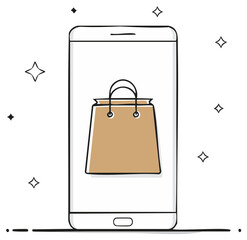 Shopping Bag on Mobile Phone Screen Hand Drawn Design Style Illustration