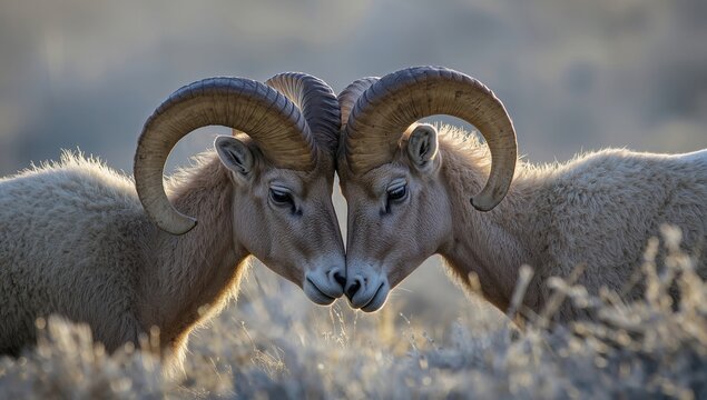 Two majestic rams with large curled horns engaging in a gentle headbutt in a natural landscape