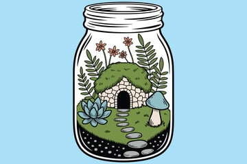 Miniature Garden Bench Inside Mason Jar with Flowers and Stone Path Illustration