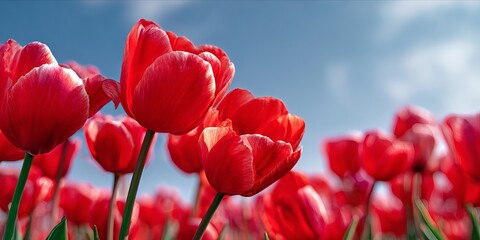 Vivid Red Tulips in a Bright Field Under a Clear Blue Sky, Capturing the Essence of Spring in Bloom