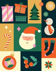Festive flat design illustration of Christmas elements including Santa Claus, gifts, a Christmas tree, snowman, candy cane, socks, and holiday decorations. Perfect for seasonal designs.