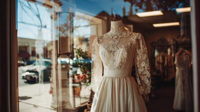 Elegant lace wedding dress on a mannequin, displayed in a shop window. Perfect for blogs, advertisements, or designs related to weddings.