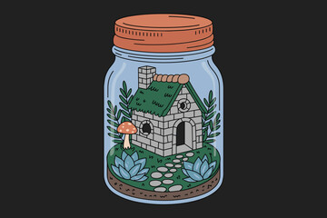 Miniature Garden Bench Inside Mason Jar with Flowers and Stone Path Illustration