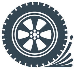 Car wheel rolling over water, vehicle tire splashing, vector icon, monochrome automotive symbol