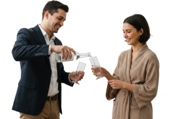 Man pours champagne for woman celebrating special occasion enjoying a romantic moment transparent background