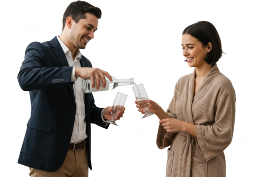 Man pours champagne for woman celebrating special occasion enjoying a romantic moment transparent background