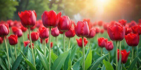 Fototapeta premium Red tulips in a lush green field with sunlight filtering through the petals