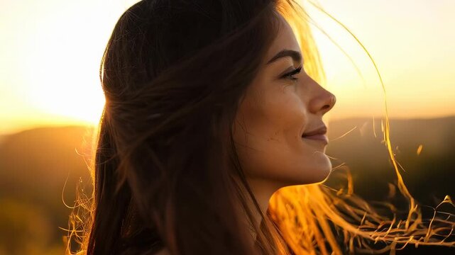Young woman smiling in golden sunset light, wind blowing hair, feeling pure joy and freedom